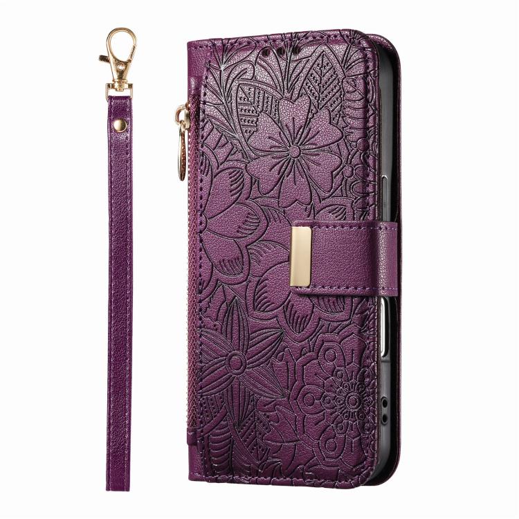 For iPhone 17 Flowers Leaves Zipper Wallet Leather Phone Case with Strap
