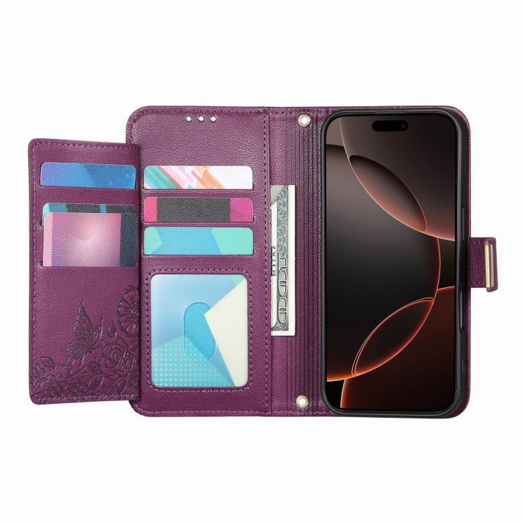 For iPhone 17 Flowers Leaves Zipper Wallet Leather Phone Case with Strap