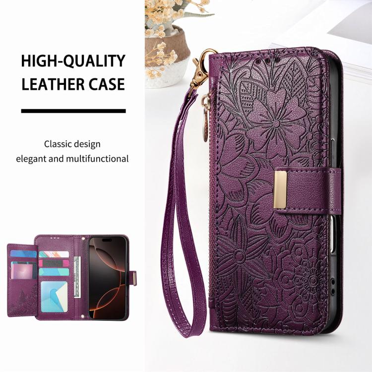 For iPhone 17 Flowers Leaves Zipper Wallet Leather Phone Case with Strap