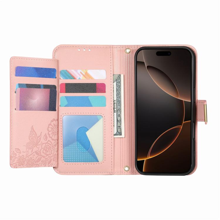 For iPhone 17 Flowers Leaves Zipper Wallet Leather Phone Case with Strap