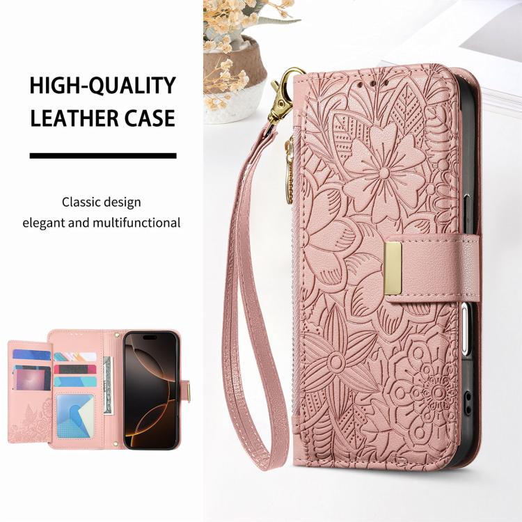 For iPhone 17 Flowers Leaves Zipper Wallet Leather Phone Case with Strap