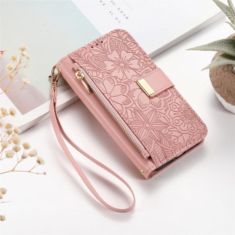For iPhone 17 Flowers Leaves Zipper Wallet Leather Phone Case with Strap