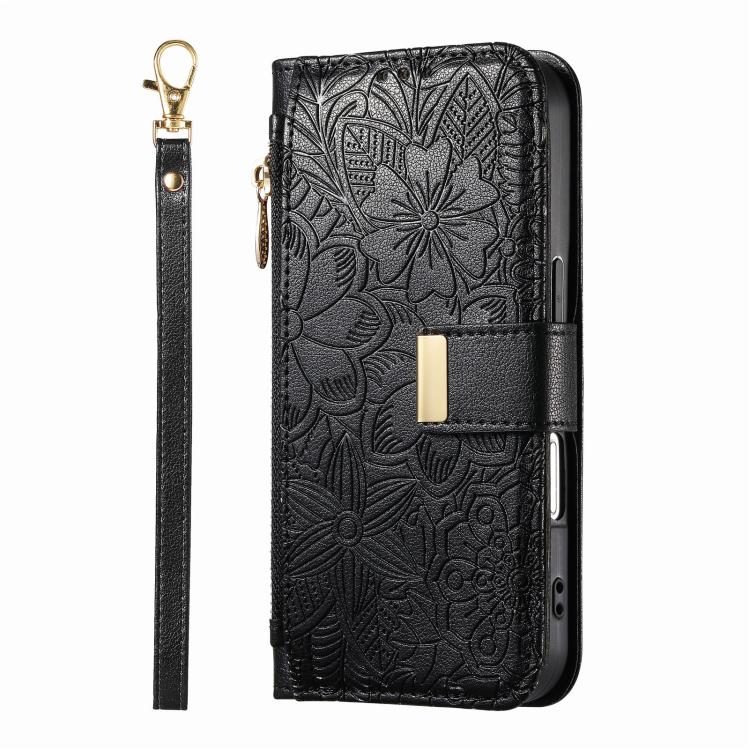 For iPhone 17 Flowers Leaves Zipper Wallet Leather Phone Case with Strap