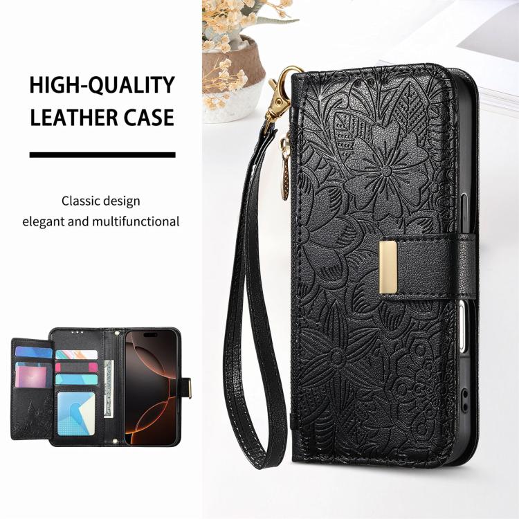 For iPhone 17 Flowers Leaves Zipper Wallet Leather Phone Case with Strap