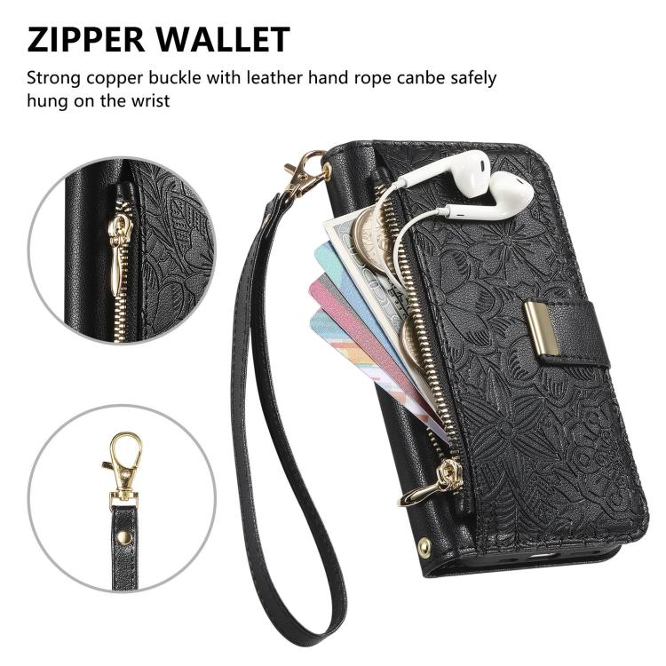 For iPhone 17 Flowers Leaves Zipper Wallet Leather Phone Case with Strap