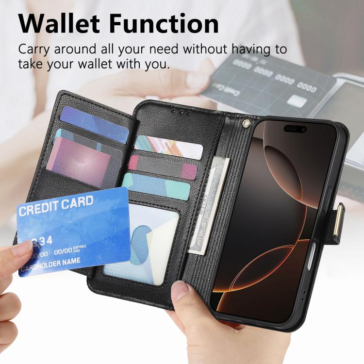 For iPhone 17 Flowers Leaves Zipper Wallet Leather Phone Case with Strap