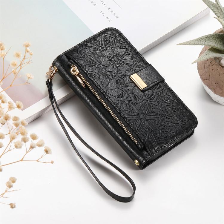 For iPhone 17 Flowers Leaves Zipper Wallet Leather Phone Case with Strap