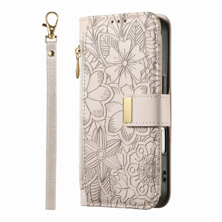 For iPhone Air Flowers Leaves Zipper Wallet Leather Phone Case with Strap