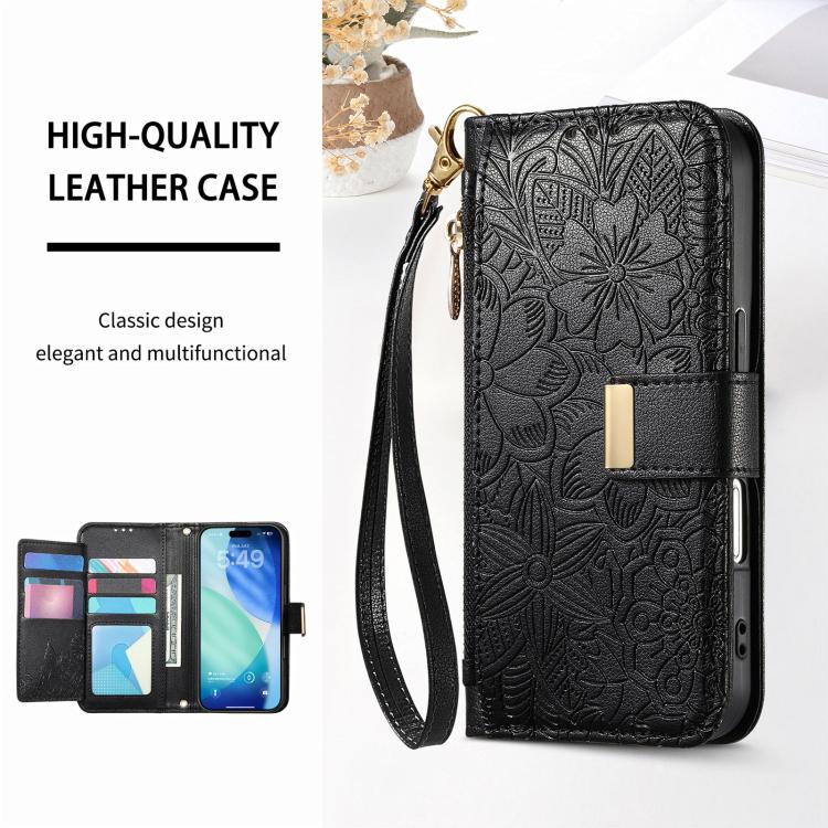For iPhone Air Flowers Leaves Zipper Wallet Leather Phone Case with Strap