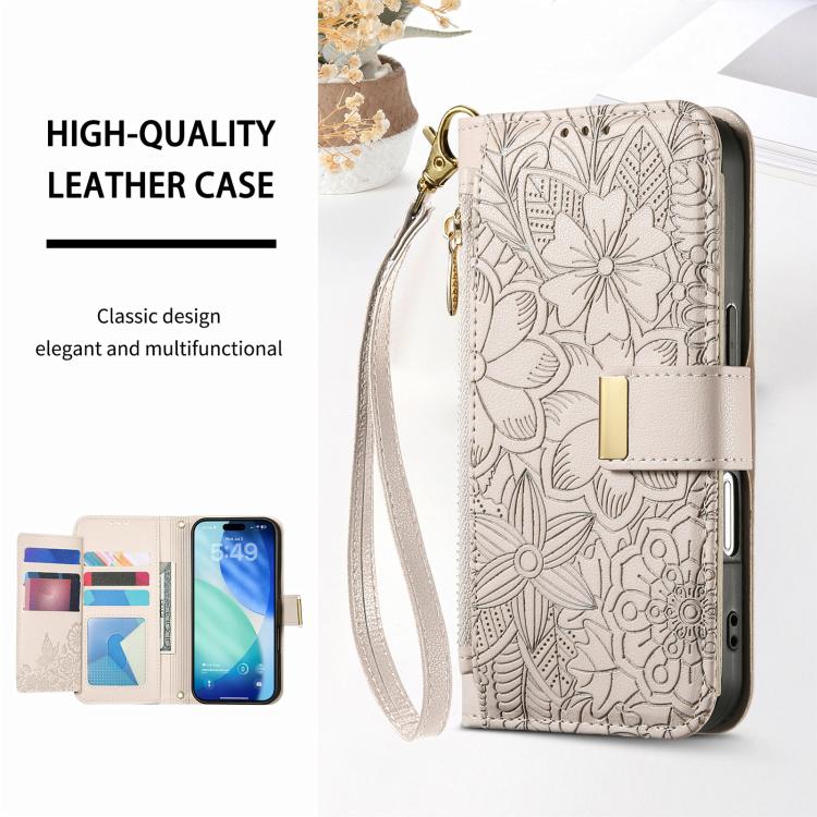 For iPhone 17 Pro Flowers Leaves Zipper Wallet Leather Phone Case with Strap