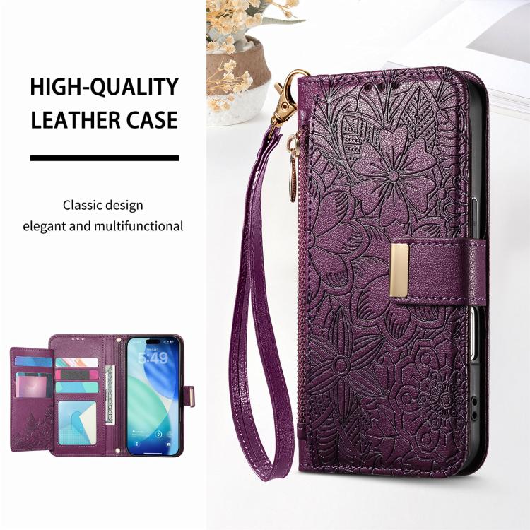For iPhone 17 Pro Flowers Leaves Zipper Wallet Leather Phone Case with Strap