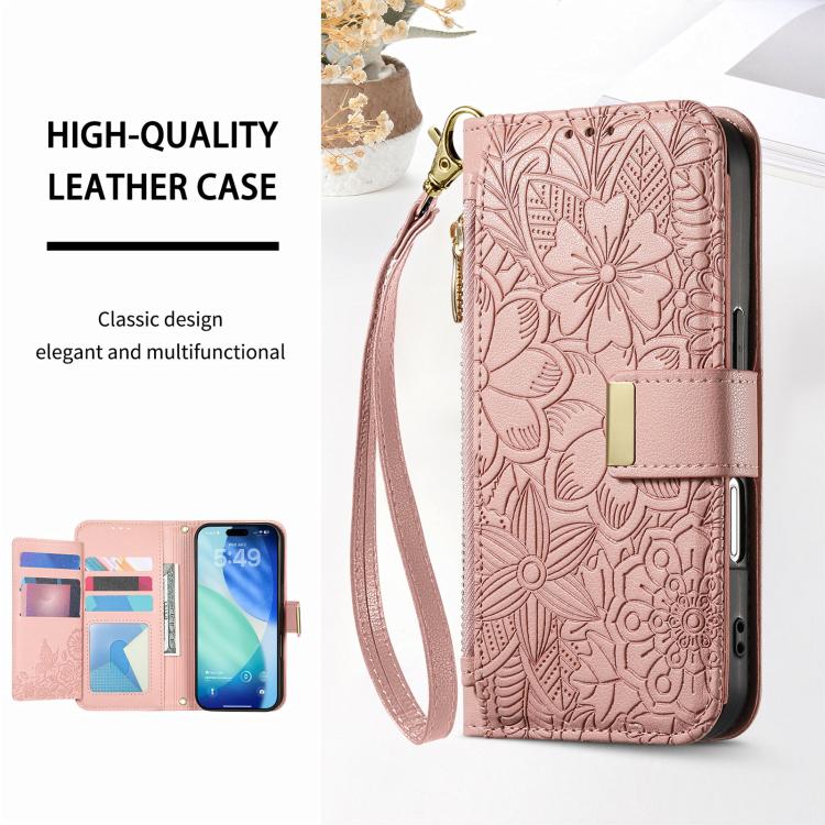 For iPhone 17 Pro Flowers Leaves Zipper Wallet Leather Phone Case with Strap