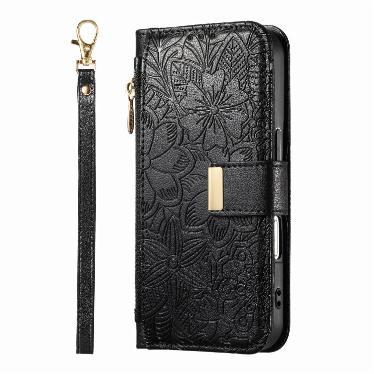 For iPhone 17 Pro Flowers Leaves Zipper Wallet Leather Phone Case with Strap