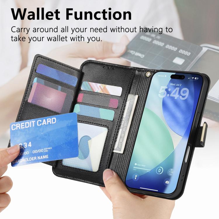 For iPhone 17 Pro Flowers Leaves Zipper Wallet Leather Phone Case with Strap