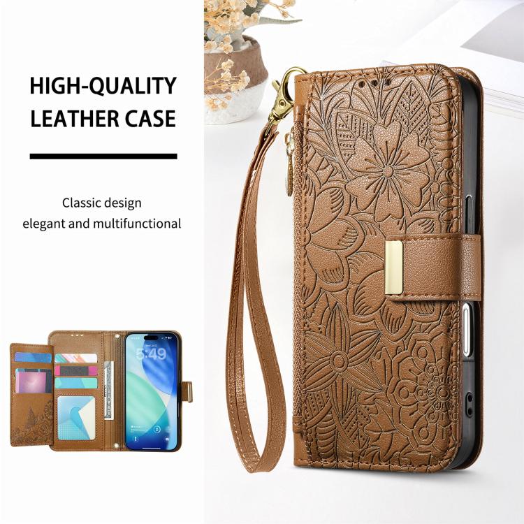 For iPhone 17 Pro Max Flowers Leaves Zipper Wallet Leather Phone Case with Strap
