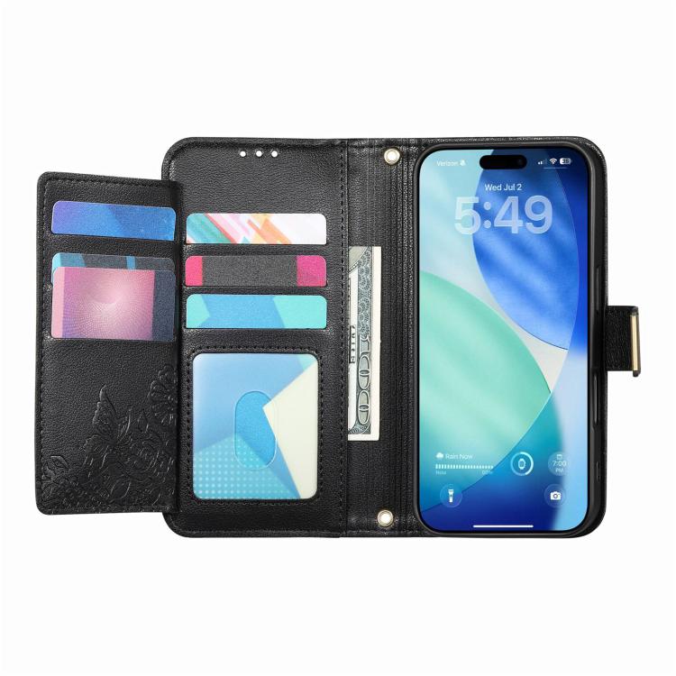 For iPhone 17 Pro Max Flowers Leaves Zipper Wallet Leather Phone Case with Strap