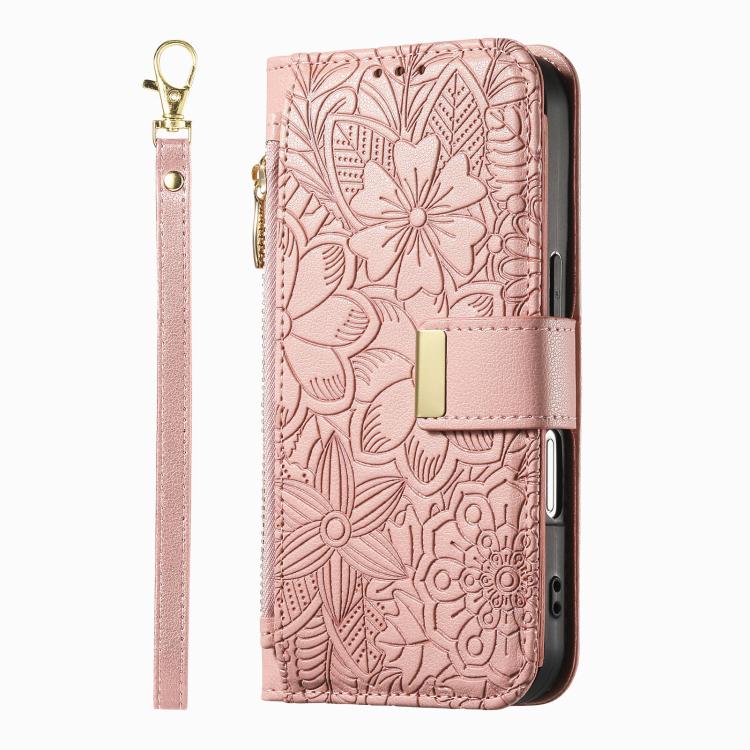 For Samsung Galaxy A16 Flowers Leaves Zipper Wallet Leather Phone Case with Strap