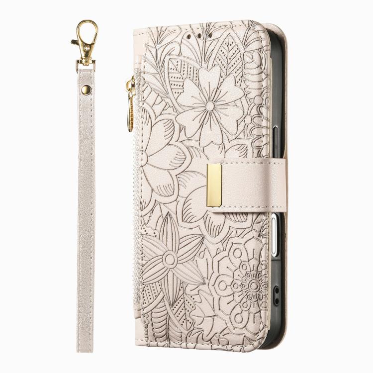 For Samsung Galaxy A16 Flowers Leaves Zipper Wallet Leather Phone Case with Strap
