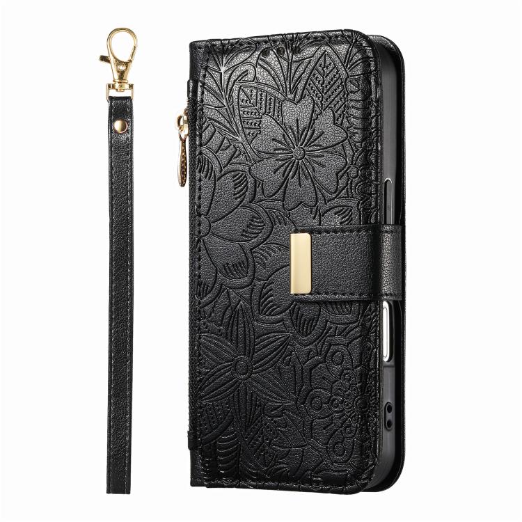 For Samsung Galaxy A53 5G Flowers Leaves Zipper Wallet Leather Phone Case with Strap