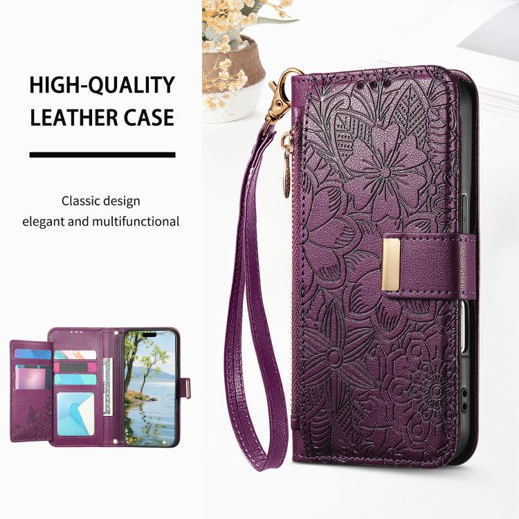 For Samsung Galaxy A17 5G Flowers Leaves Zipper Wallet Leather Phone Case with Strap