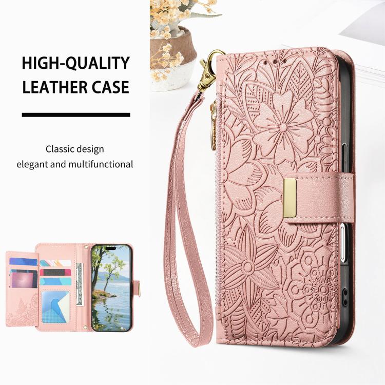For Samsung Galaxy A17 5G Flowers Leaves Zipper Wallet Leather Phone Case with Strap