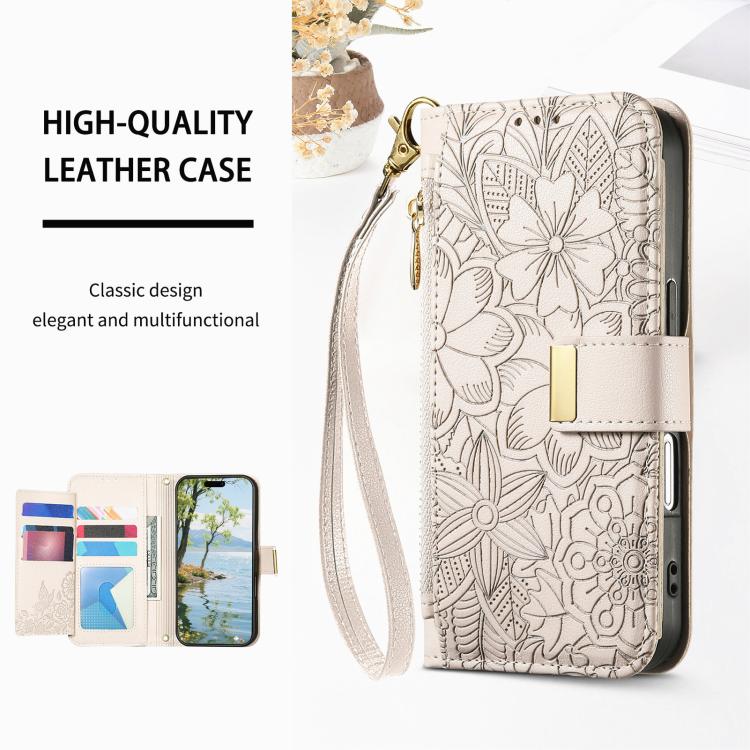 For Samsung Galaxy A17 5G Flowers Leaves Zipper Wallet Leather Phone Case with Strap