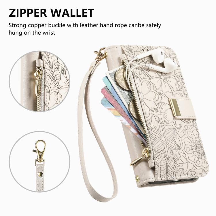 For Samsung Galaxy A36 5G Flowers Leaves Zipper Wallet Leather Phone Case with Strap