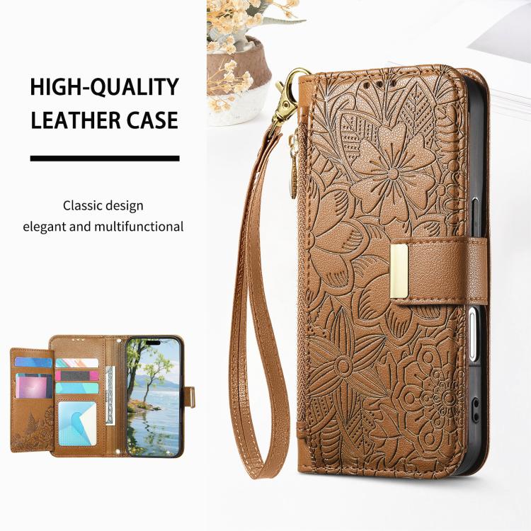 For Samsung Galaxy M15 5G Flowers Leaves Zipper Wallet Leather Phone Case with Strap