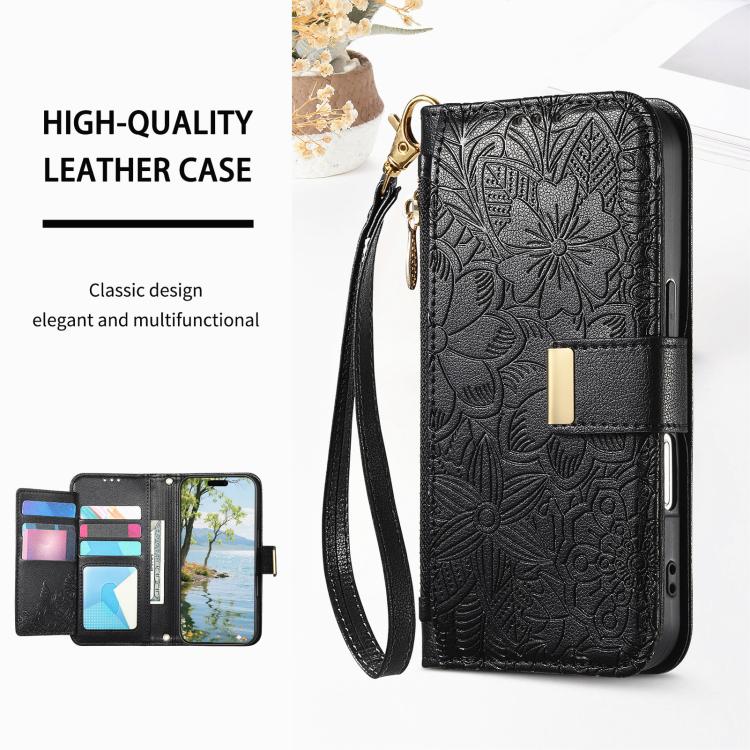 For Samsung Galaxy M15 5G Flowers Leaves Zipper Wallet Leather Phone Case with Strap