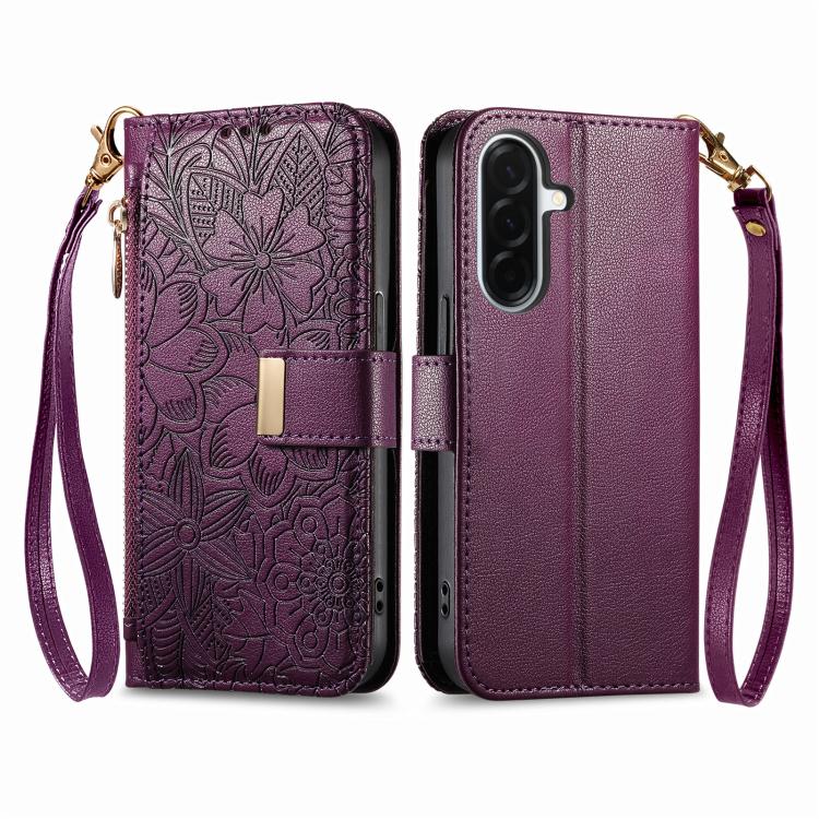 For Samsung Galaxy A37 5G Flowers Leaves Zipper Wallet Leather Phone Case with Strap
