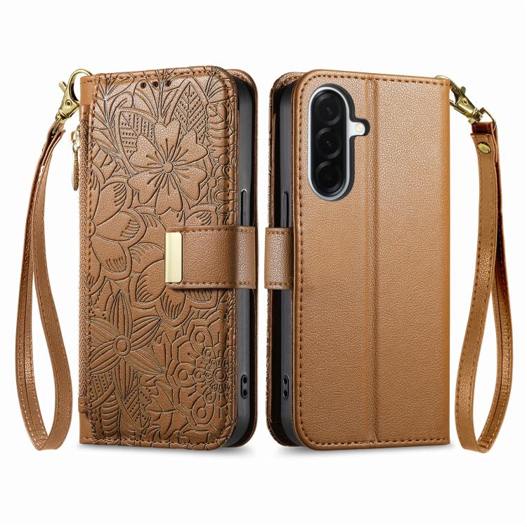 For Samsung Galaxy A57 5G Flowers Leaves Zipper Wallet Leather Phone Case with Strap