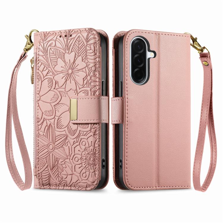 For Samsung Galaxy A57 5G Flowers Leaves Zipper Wallet Leather Phone Case with Strap