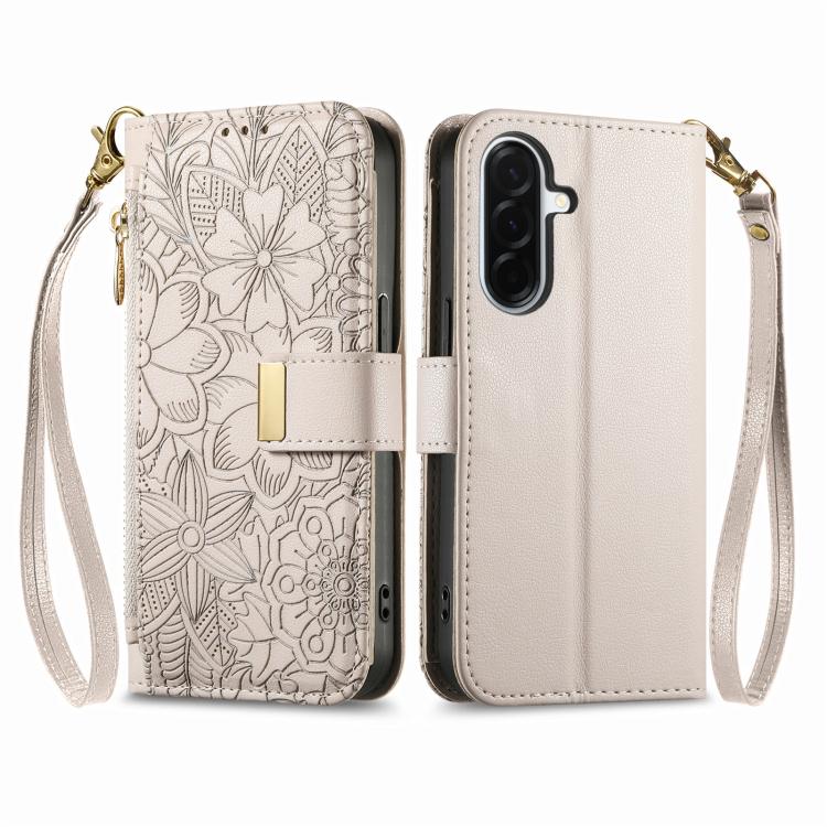 For Samsung Galaxy A57 5G Flowers Leaves Zipper Wallet Leather Phone Case with Strap