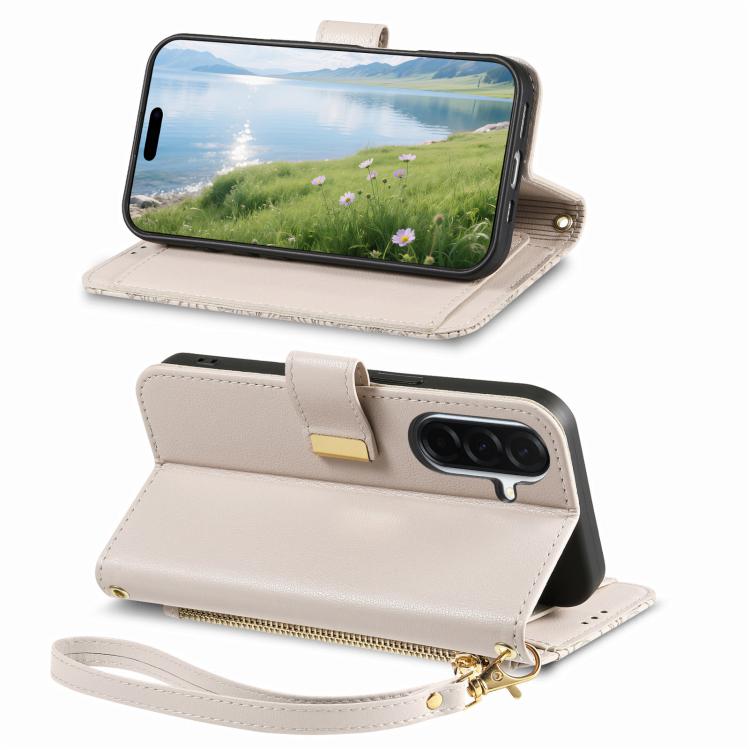 For Samsung Galaxy A57 5G Flowers Leaves Zipper Wallet Leather Phone Case with Strap