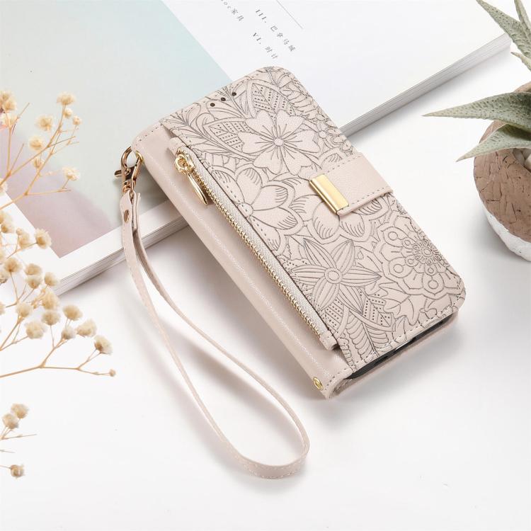 For Samsung Galaxy A57 5G Flowers Leaves Zipper Wallet Leather Phone Case with Strap