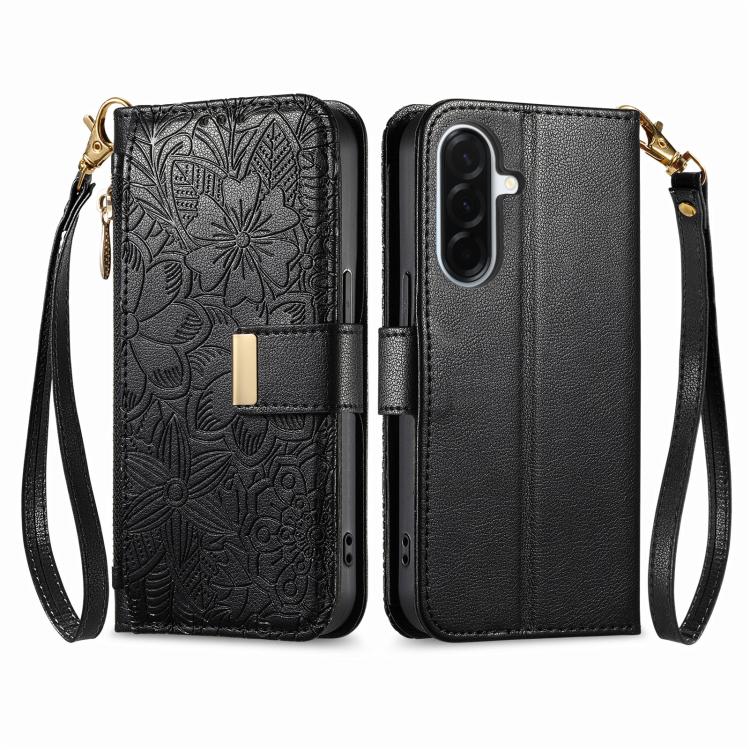 For Samsung Galaxy A57 5G Flowers Leaves Zipper Wallet Leather Phone Case with Strap