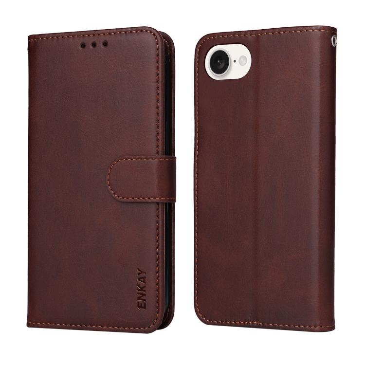 For iPhone 17e / 16e ENKAY Card Wallet Calf Texture Leather Phone Case with Thickened Glue No White Edge Film