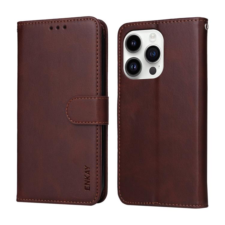 For iPhone 15 Pro Max ENKAY Card Wallet Calf Texture Leather Phone Case with Thickened Glue No White Edge Film