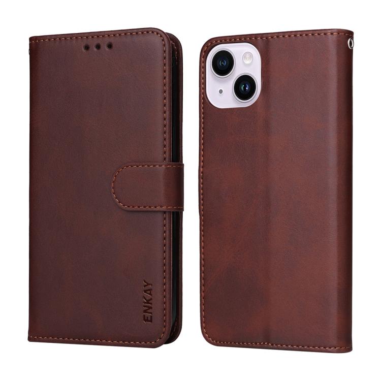 For iPhone 15 Plus ENKAY Card Wallet Calf Texture Leather Phone Case with Thickened Glue No White Edge Film