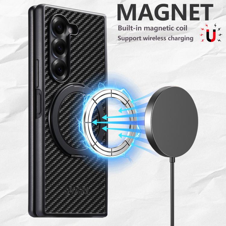 For Samsung Galaxy Z Fold7 5G Suteni G3 Carbon Fiber Leather 360 Rotation Holder MagSafe Phone Case - Black