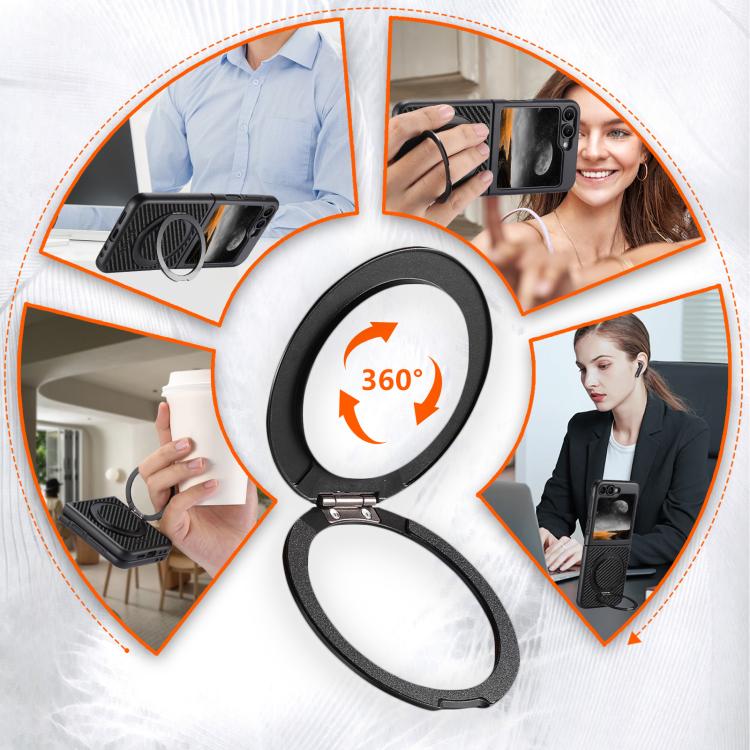 For Samsung Galaxy Z Flip6 / Flip7 FE Suteni G3 Carbon Fiber Leather 360 Rotation Holder MagSafe Phone Case - Black