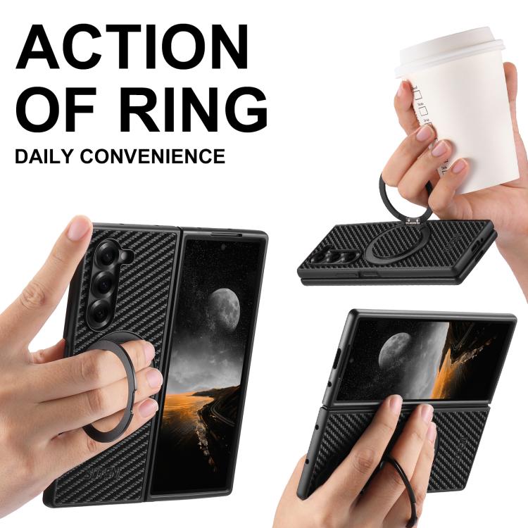 For Samsung Galaxy Z Fold6 Suteni G3 Carbon Fiber Leather 360 Rotation Holder MagSafe Phone Case - Black