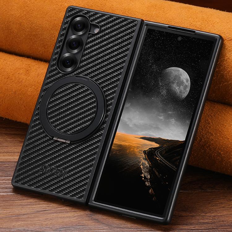 For Samsung Galaxy Z Fold5 Suteni G3 Carbon Fiber Leather 360 Rotation Holder MagSafe Phone Case - Black