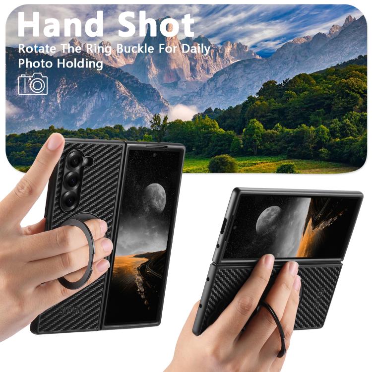 For Samsung Galaxy Z Fold5 Suteni G3 Carbon Fiber Leather 360 Rotation Holder MagSafe Phone Case - Black