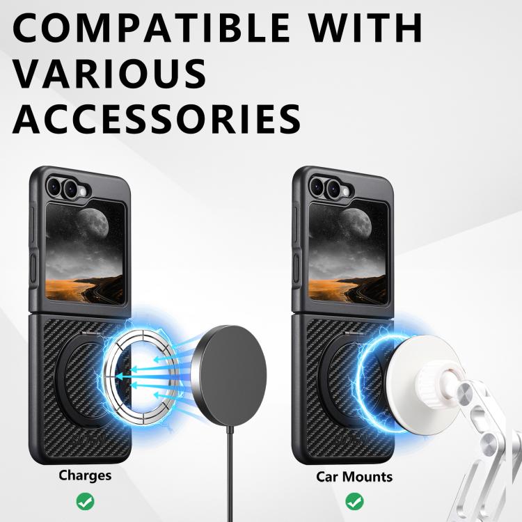For Samsung Galaxy Z Flip5 Suteni G3 Carbon Fiber Leather 360 Rotation Holder MagSafe Phone Case - Black
