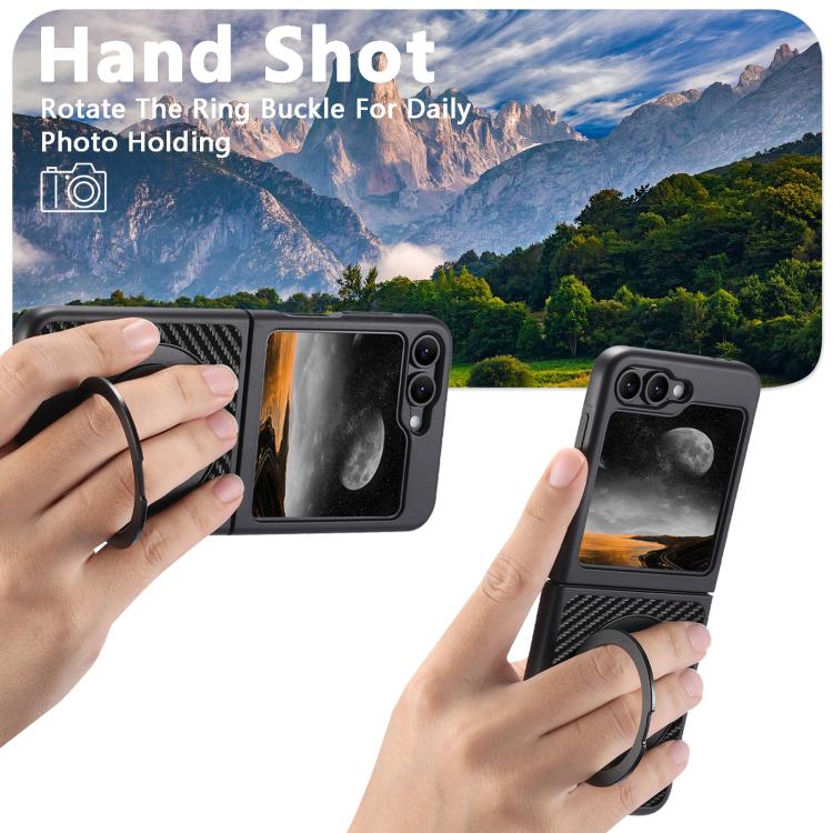 For Samsung Galaxy Z Flip5 Suteni G3 Carbon Fiber Leather 360 Rotation Holder MagSafe Phone Case - Black