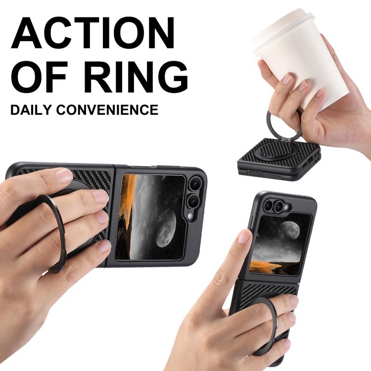 For Samsung Galaxy Z Flip5 Suteni G3 Carbon Fiber Leather 360 Rotation Holder MagSafe Phone Case - Black