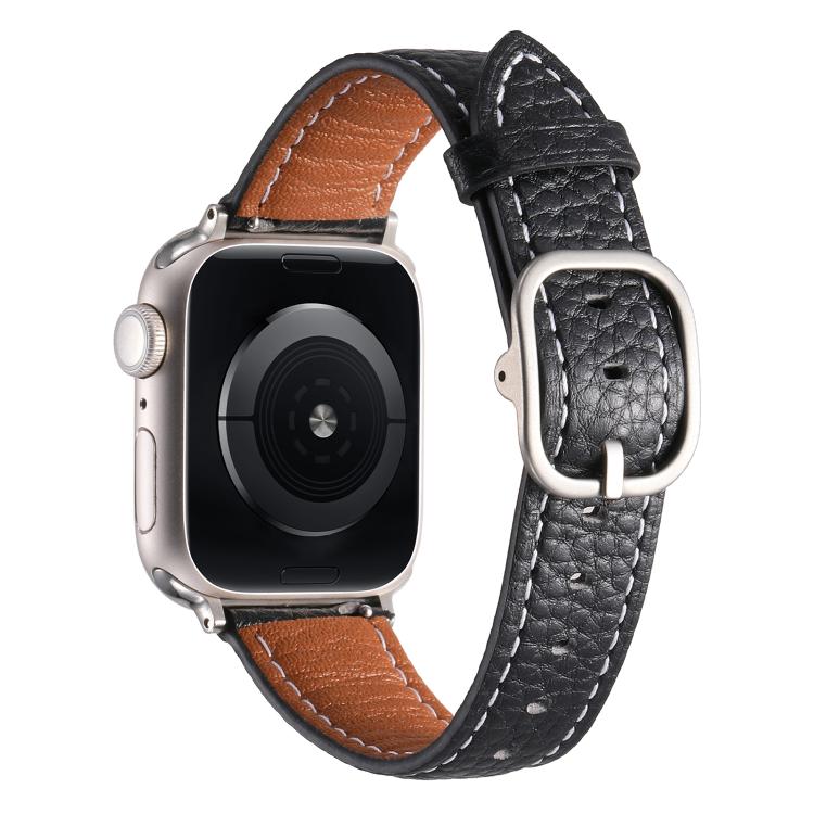 For Apple Watch 46mm / 49mm / 45mm / 44mm Square Buckle Litchi Texture Genuine Leather Watch Band