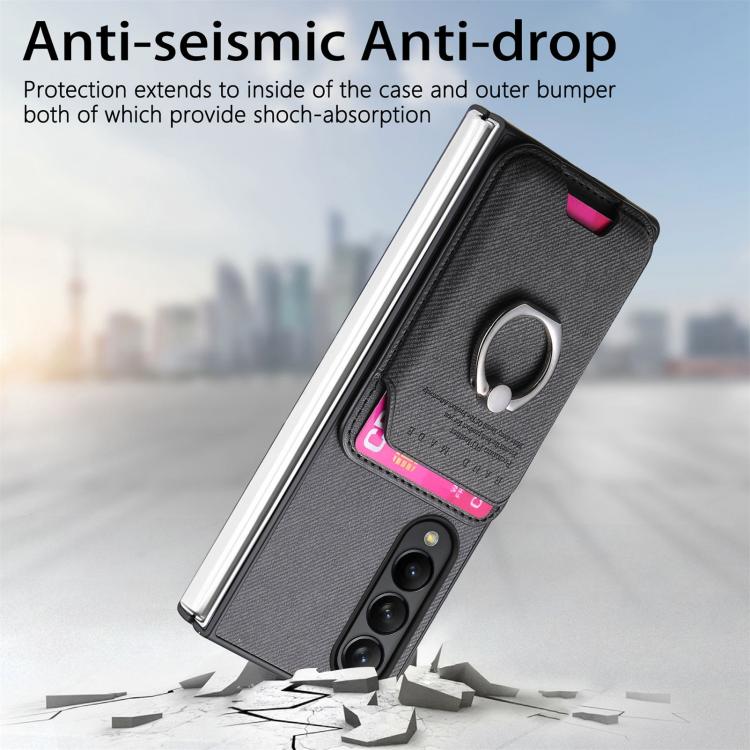 For Samsung Galaxy Z Fold3 5G Twill Fabric Card Bag Ring Magnetic Back Phone Case