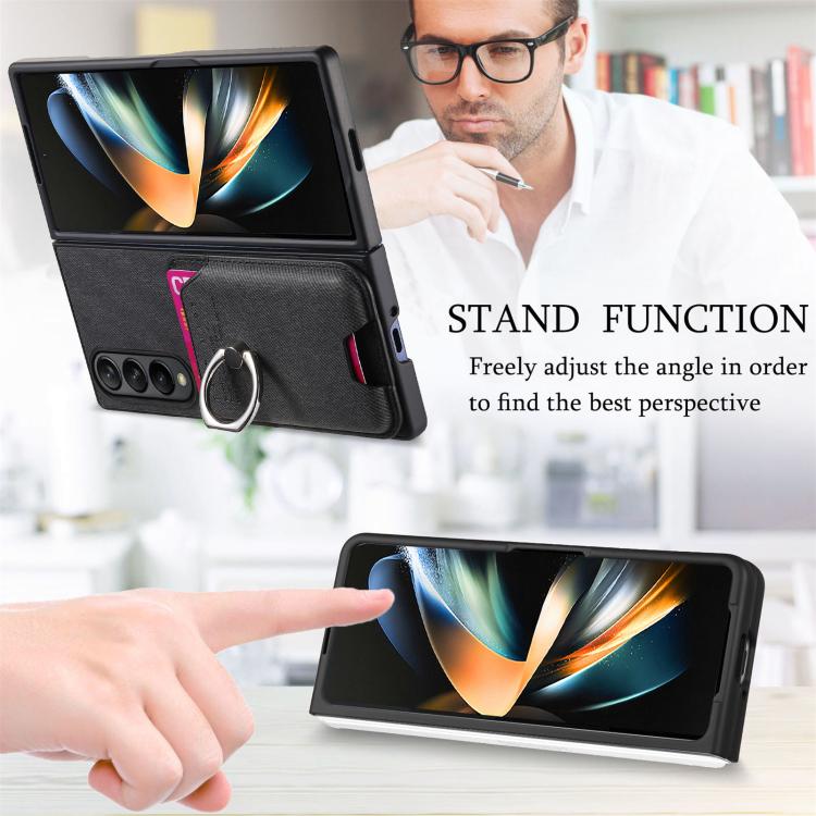 For Samsung Galaxy Z Fold3 5G Twill Fabric Card Bag Ring Magnetic Back Phone Case